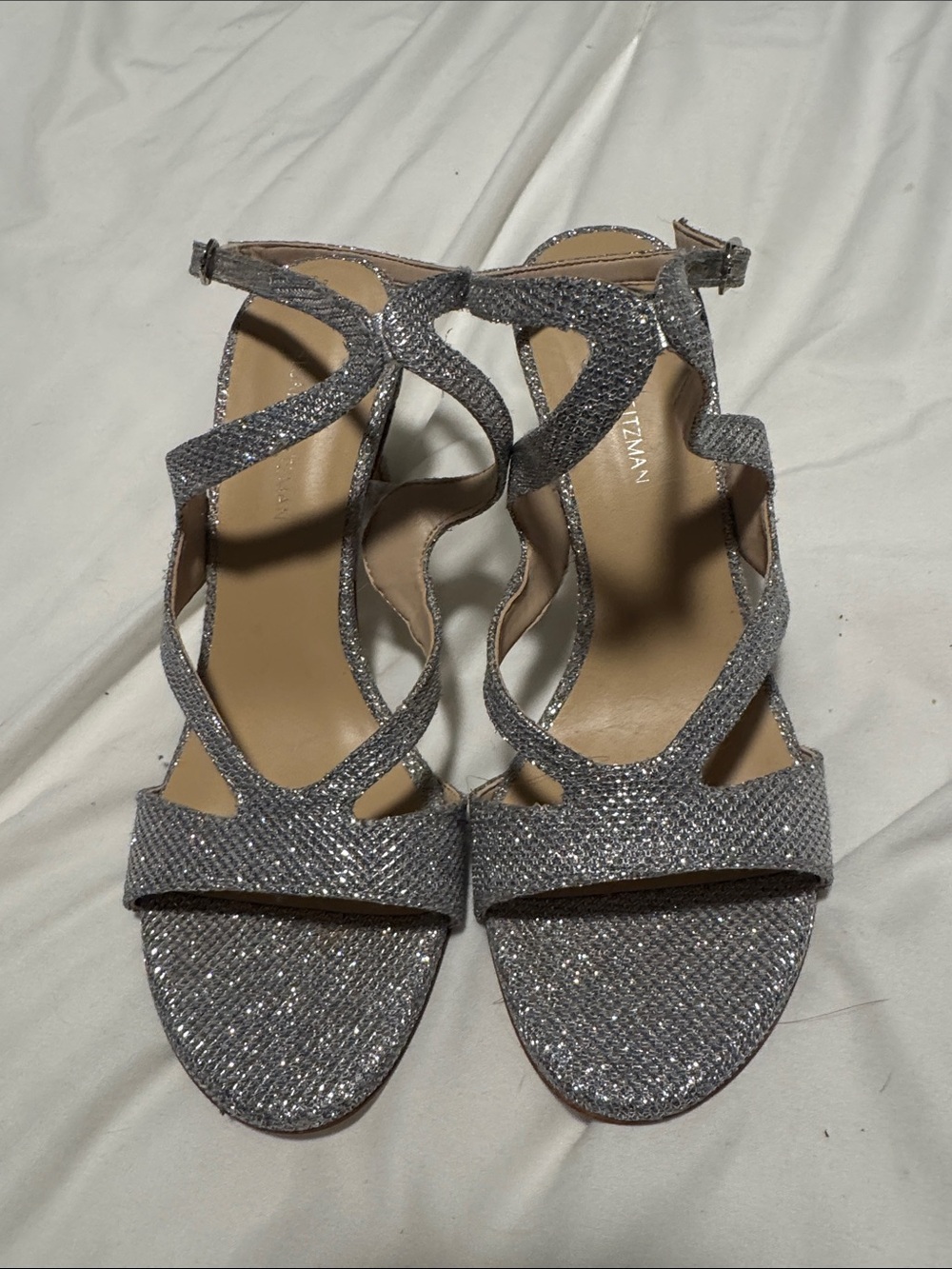Stuart Weitzman Silver Glitter Strappy Heels
